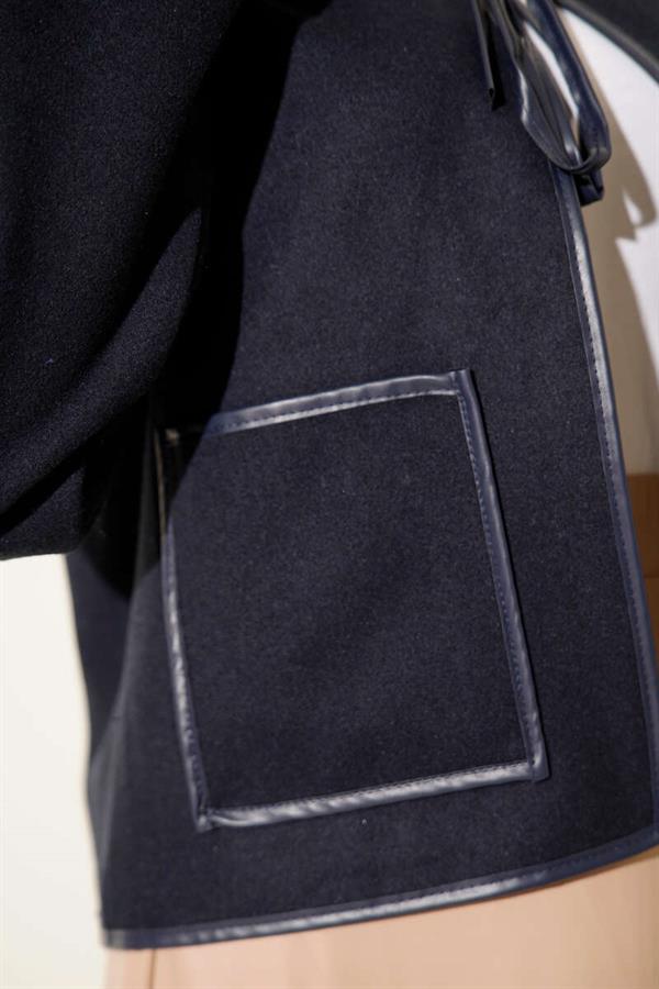 Leather Piping Cashmere Short Jacket Navy Blue