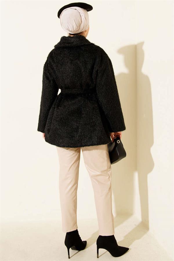 Leather Snap-On Bearded Belted Jacket Black
