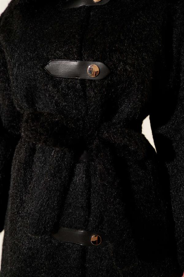 Leather Snap-On Bearded Belted Jacket Black