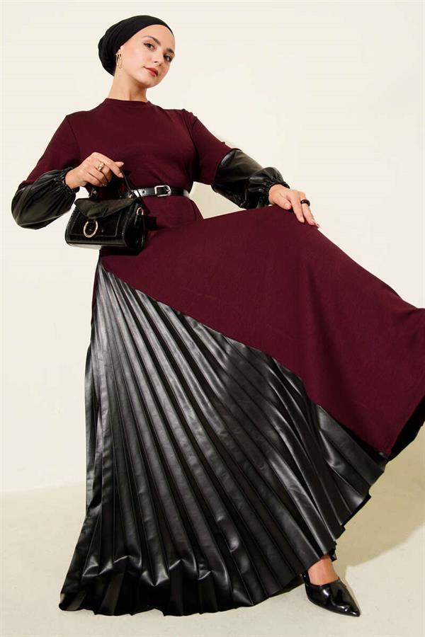 Leather Garnish Belted Dress Burgundy