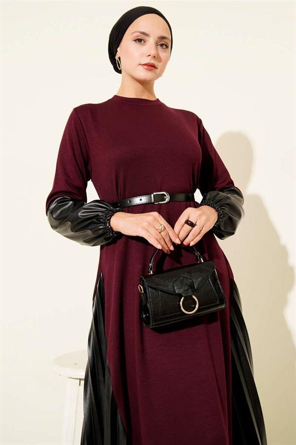 Leather Garnish Belted Dress Burgundy