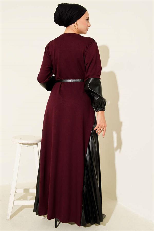Leather Garnish Belted Dress Burgundy