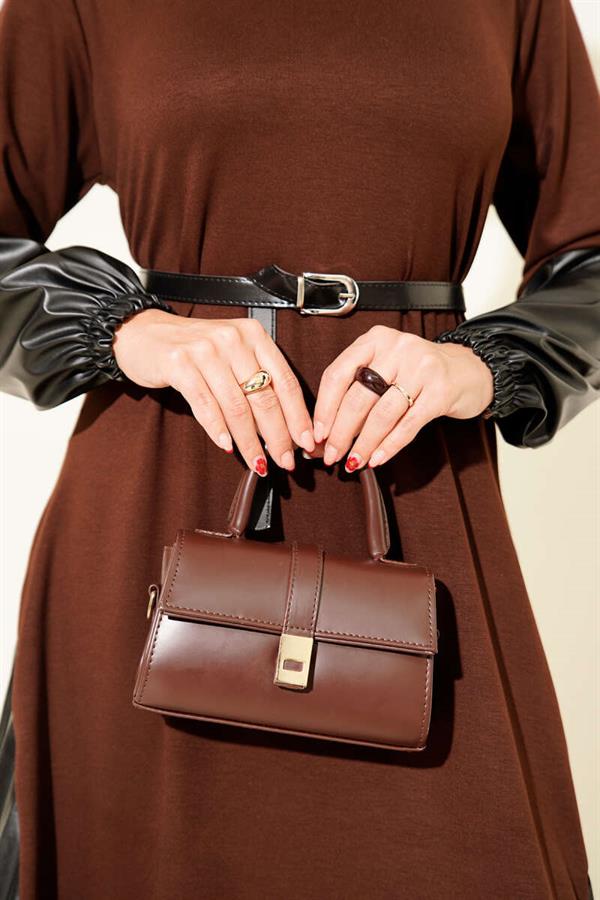 Leather Garnished Belted Dress Brown