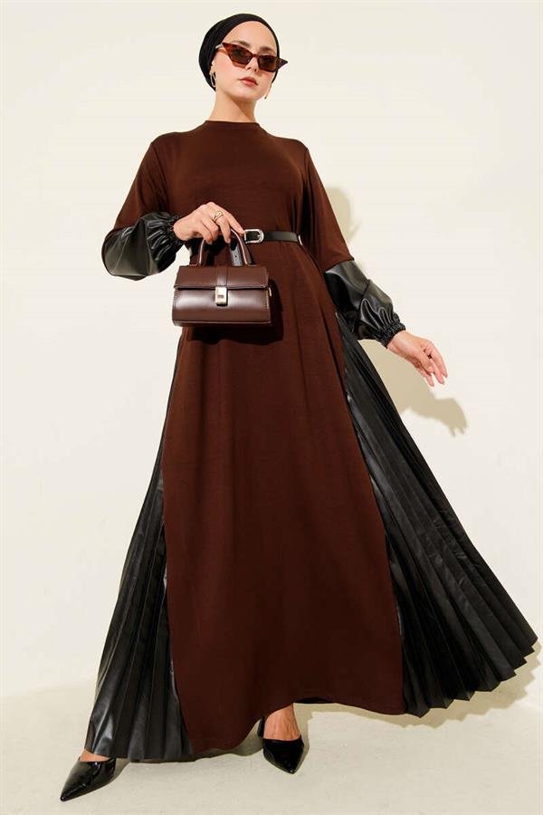 Leather Garnished Belted Dress Brown