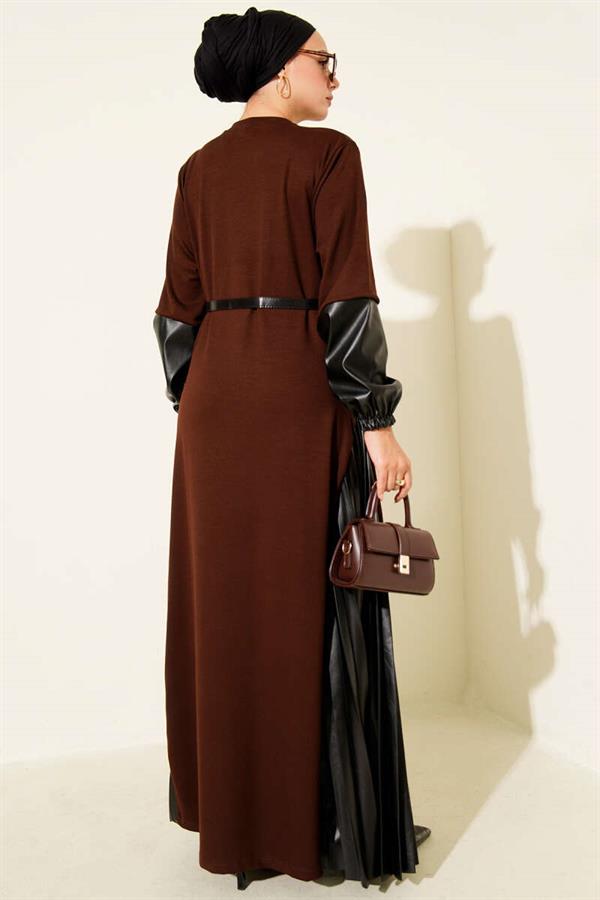 Leather Garnished Belted Dress Brown