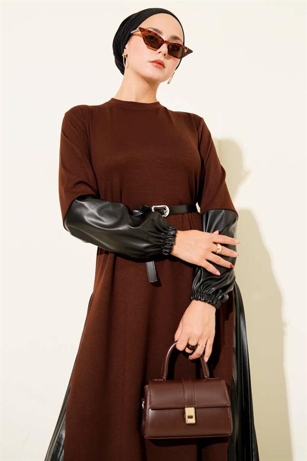 Leather Garnished Belted Dress Brown