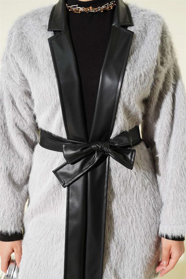 Leather Garnished Bearded Jacket Gray