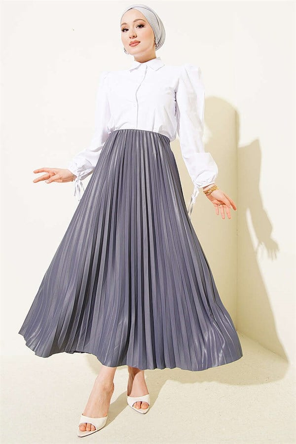 Leather-Look Pleated Skirt, Smoke Grey