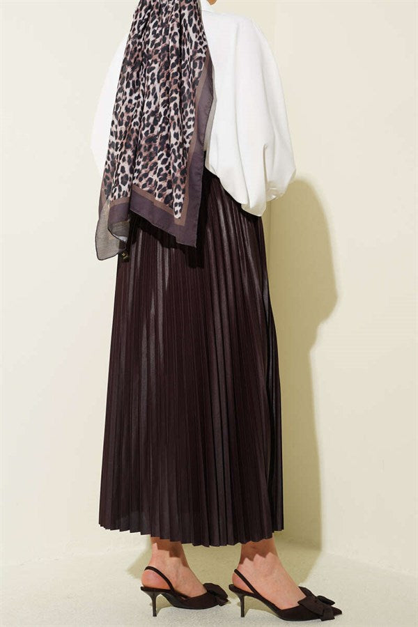 Leather-Look Pleated Skirt, Brown
