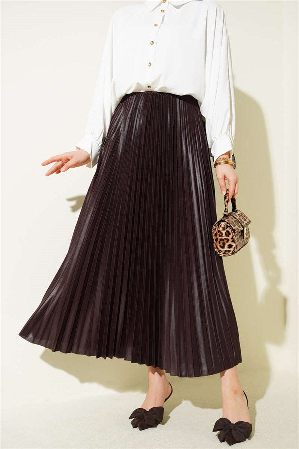 Leather-Look Pleated Skirt, Brown
