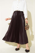 Leather-Look Pleated Skirt, Brown