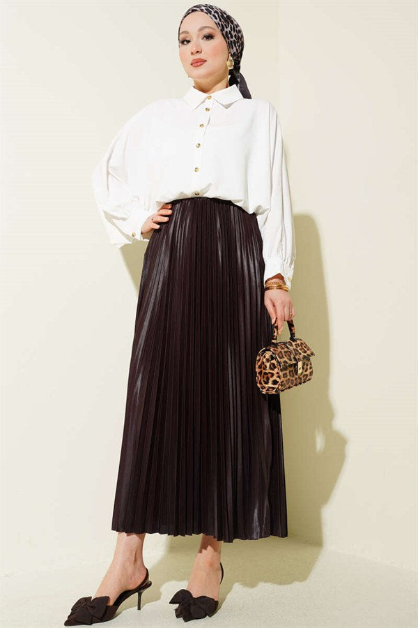 Leather-Look Pleated Skirt, Brown