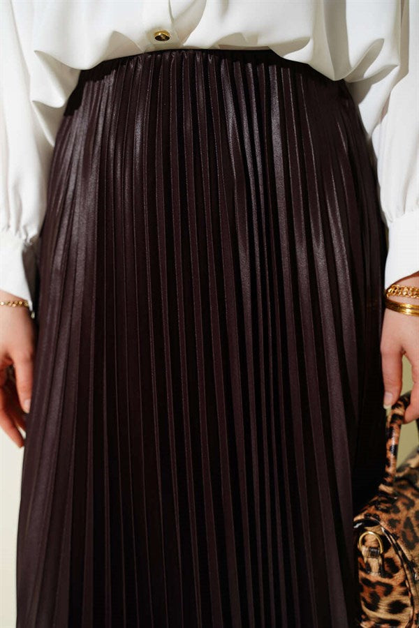 Leather-Look Pleated Skirt, Brown