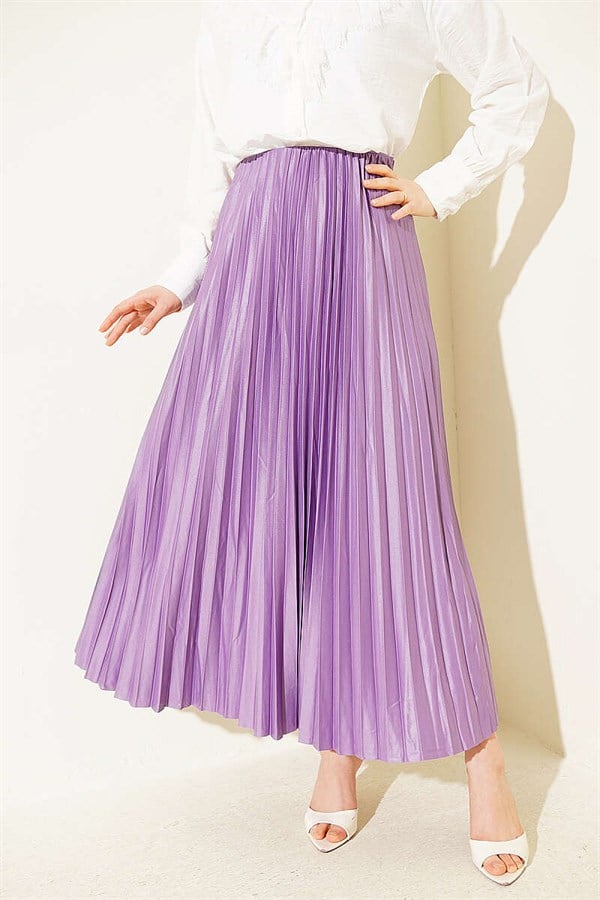 Leather-Look Pleated Skirt, Lilac