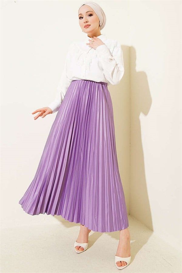 Leather-Look Pleated Skirt, Lilac