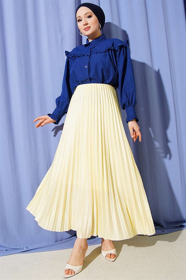 Leather-Look Pleated Skirt, Yellow