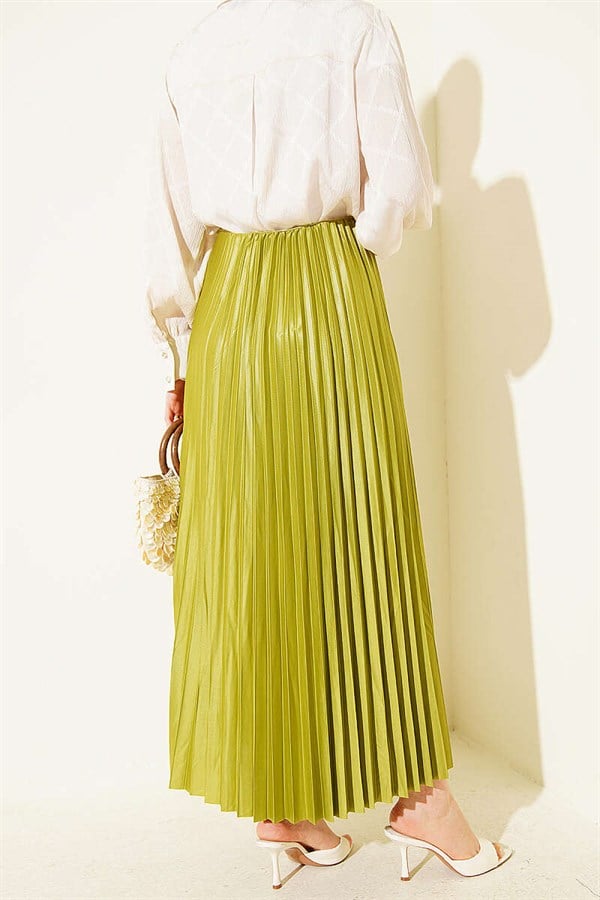 Leather-Look Pleated Skirt, Olive Green