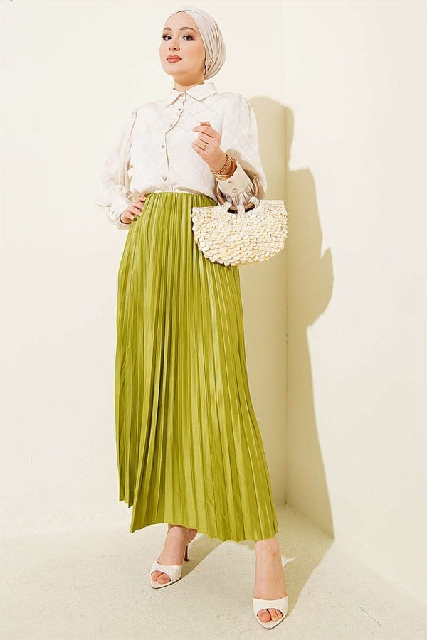 Leather-Look Pleated Skirt, Olive Green