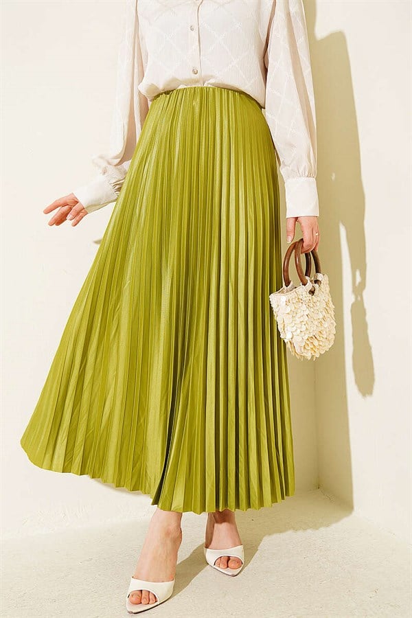 Leather-Look Pleated Skirt, Olive Green