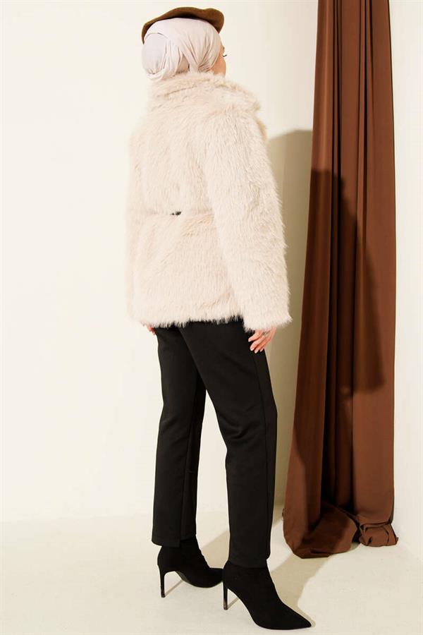 Leather Rope Belted Fur Coat Beige