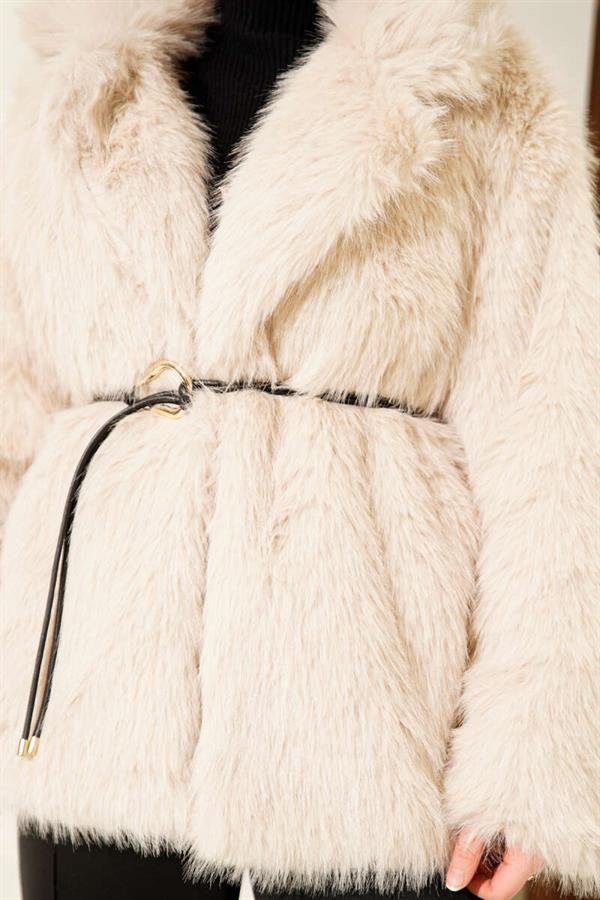 Leather Rope Belted Fur Coat Beige
