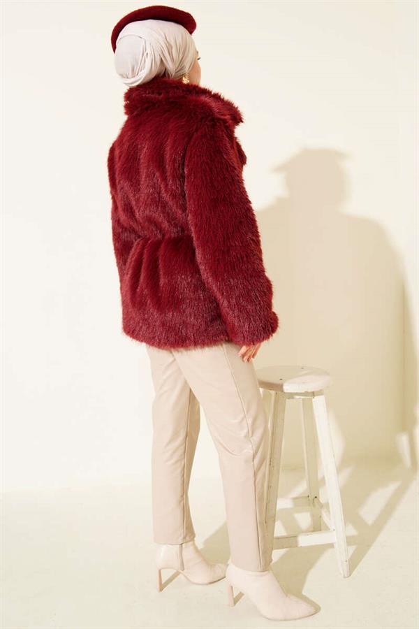 Leather Rope Belted Fur Coat Burgundy