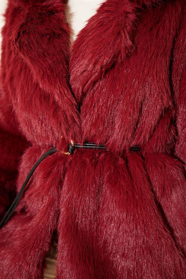 Leather Rope Belted Fur Coat Burgundy