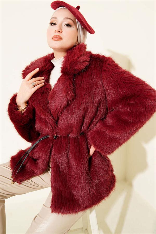 Leather Rope Belted Fur Coat Burgundy