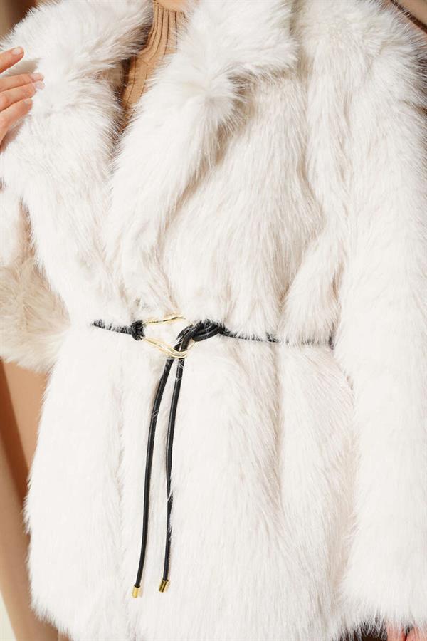 Leather Rope Belted Fur Coat Ecru
