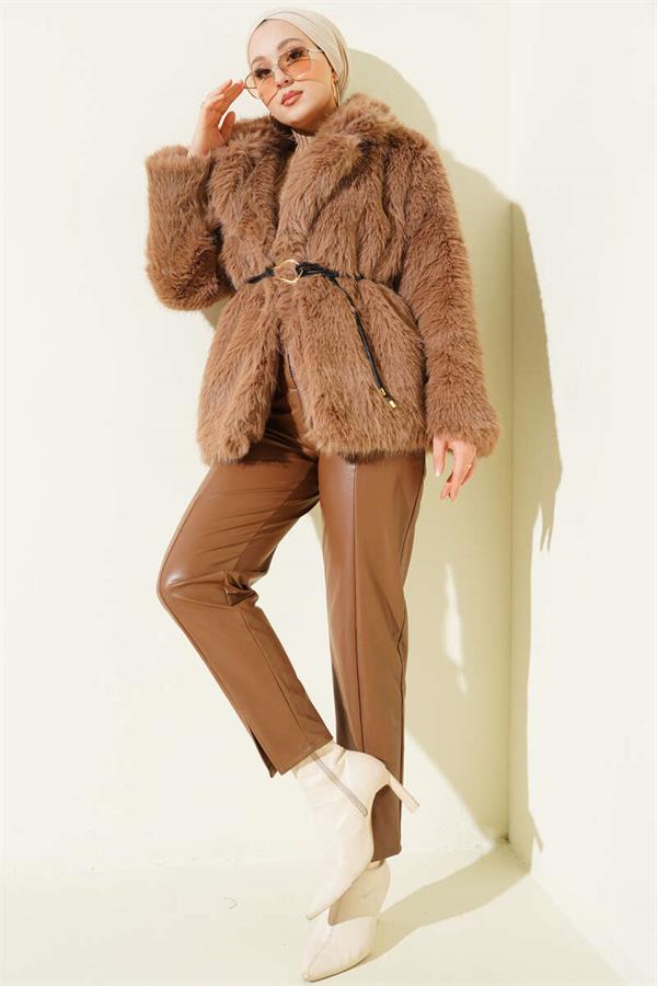 Leather Rope Belted Fur Coat Latte