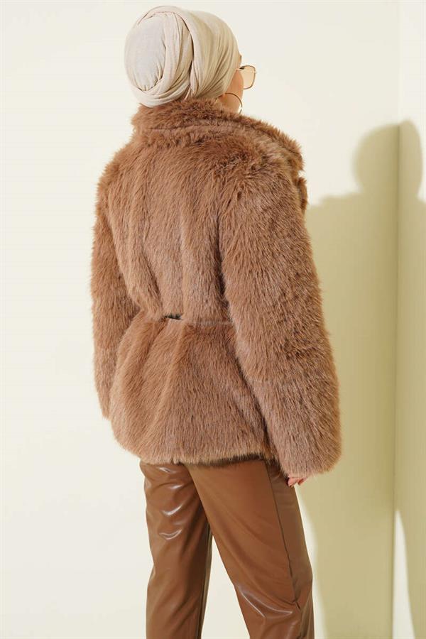Leather Rope Belted Fur Coat Latte
