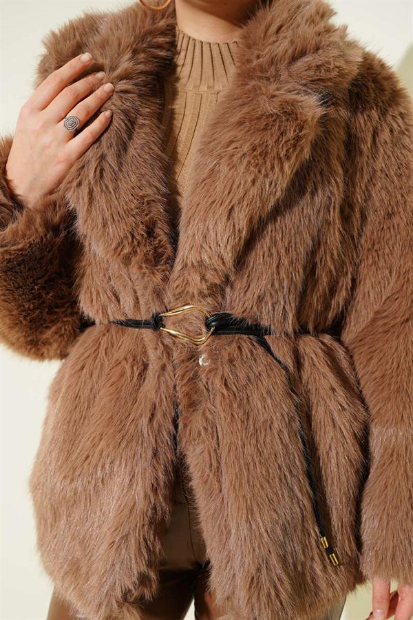 Leather Rope Belted Fur Coat Latte