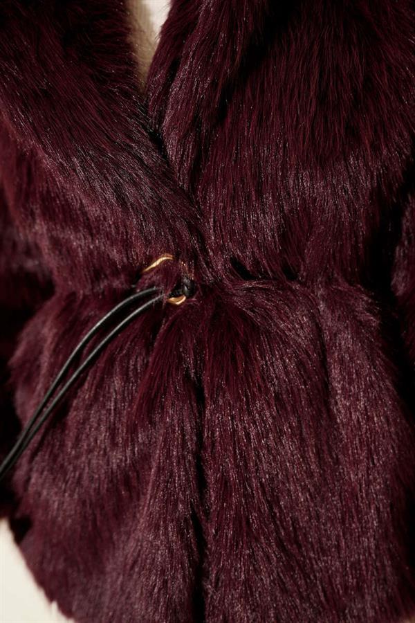 Leather Rope Belted Fur Coat Purple
