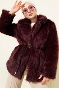Leather Rope Belted Fur Coat Purple