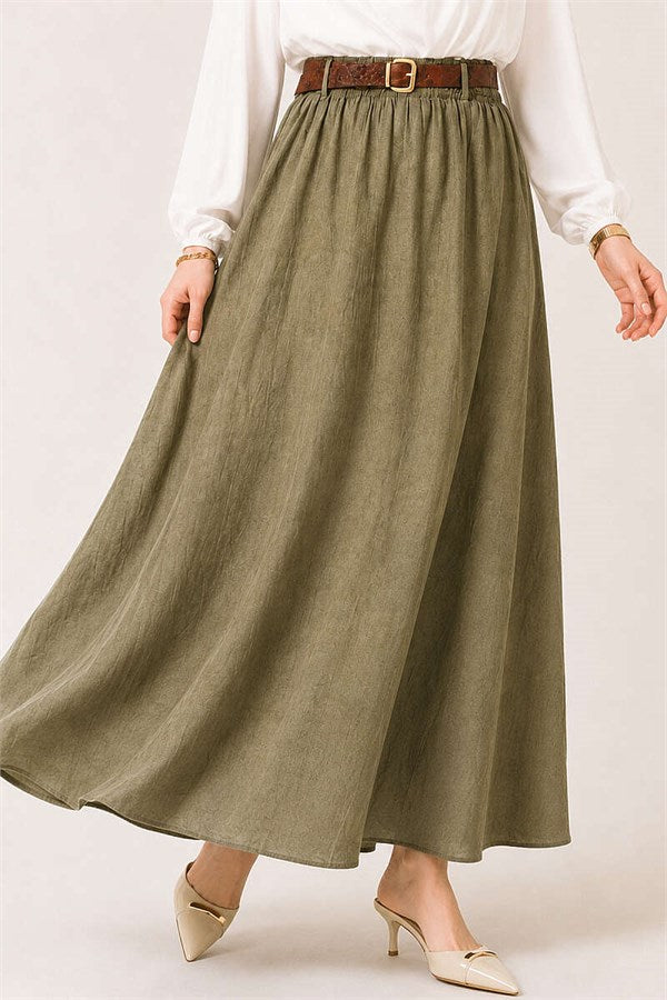 Leather Belted Skirt with Elastic Waistband, Khaki