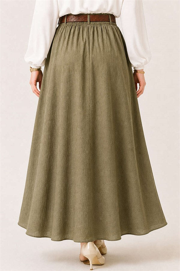 Leather Belted Skirt with Elastic Waistband, Khaki