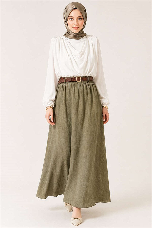Leather Belted Skirt with Elastic Waistband, Khaki