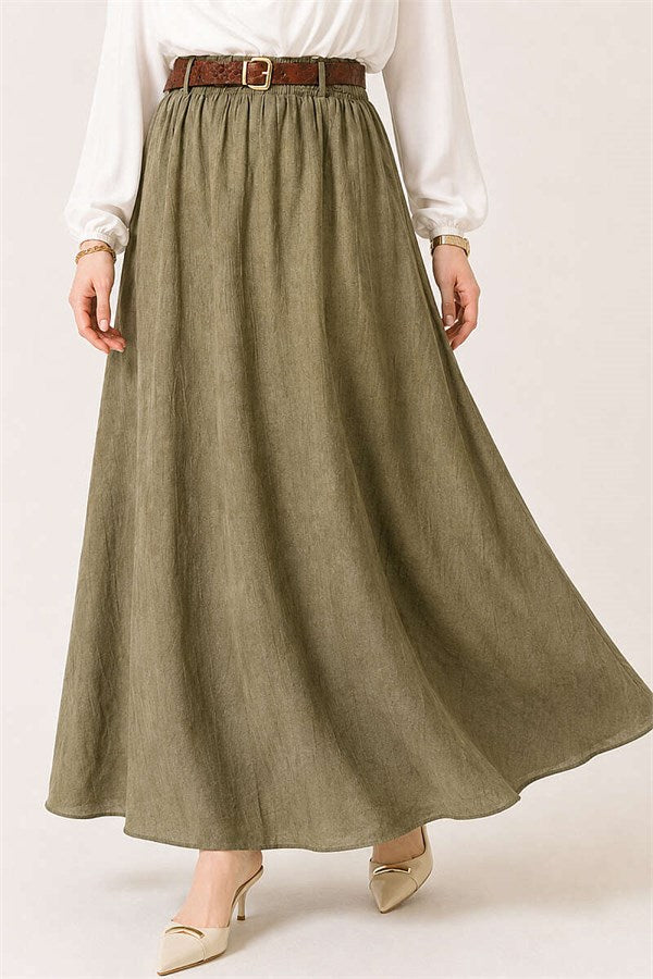 Leather Belted Skirt with Elastic Waistband, Khaki
