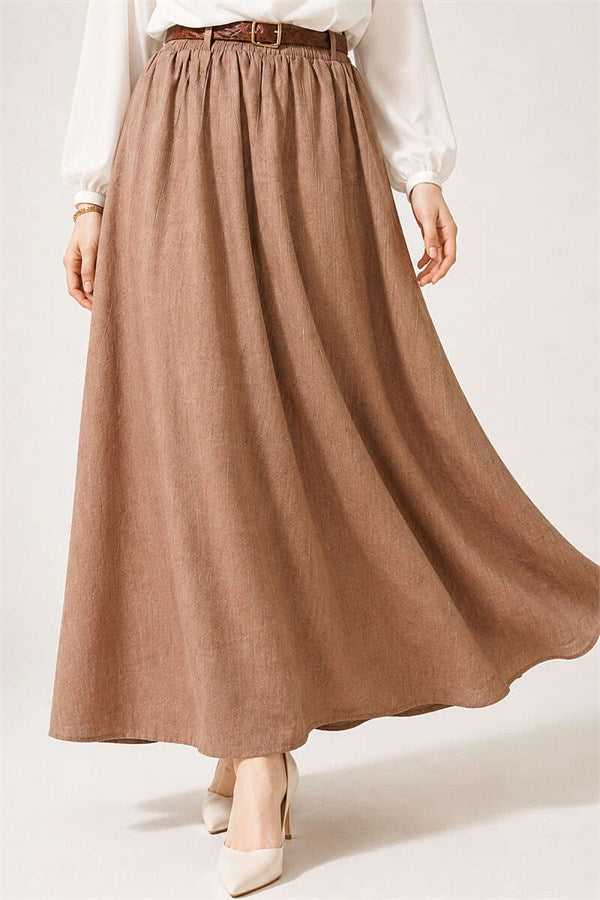 Leather Belted Elastic Waist Skirt Latte
