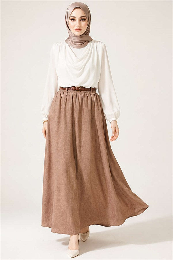 Leather Belted Elastic Waist Skirt Latte