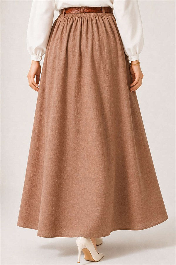 Leather Belted Elastic Waist Skirt Latte