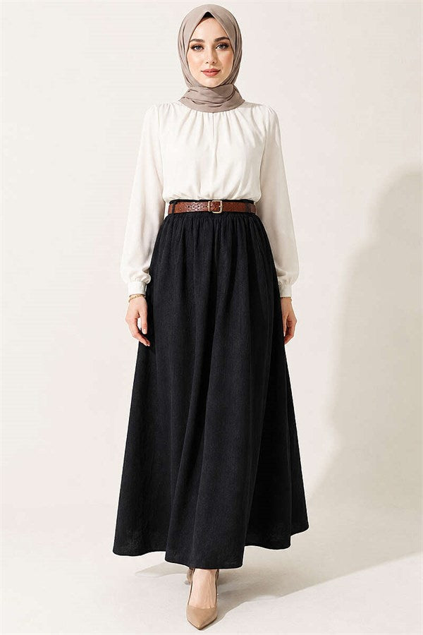 Black Skirt with Leather Belt and Elastic Waist