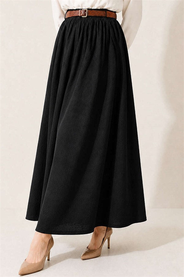 Black Skirt with Leather Belt and Elastic Waist