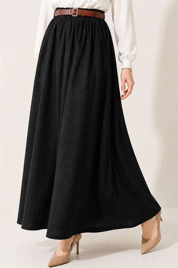 Black Skirt with Leather Belt and Elastic Waist