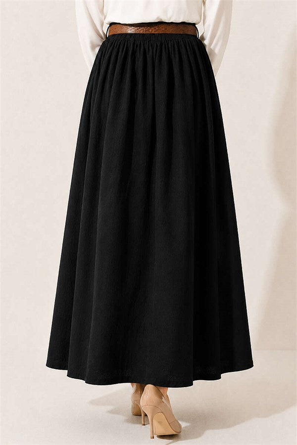 Black Skirt with Leather Belt and Elastic Waist