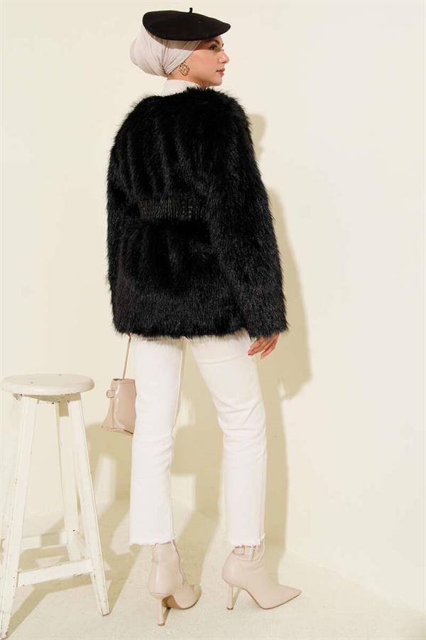 Leather Belted Fur Coat Black