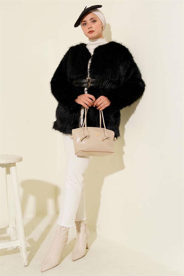 Leather Belted Fur Coat Black