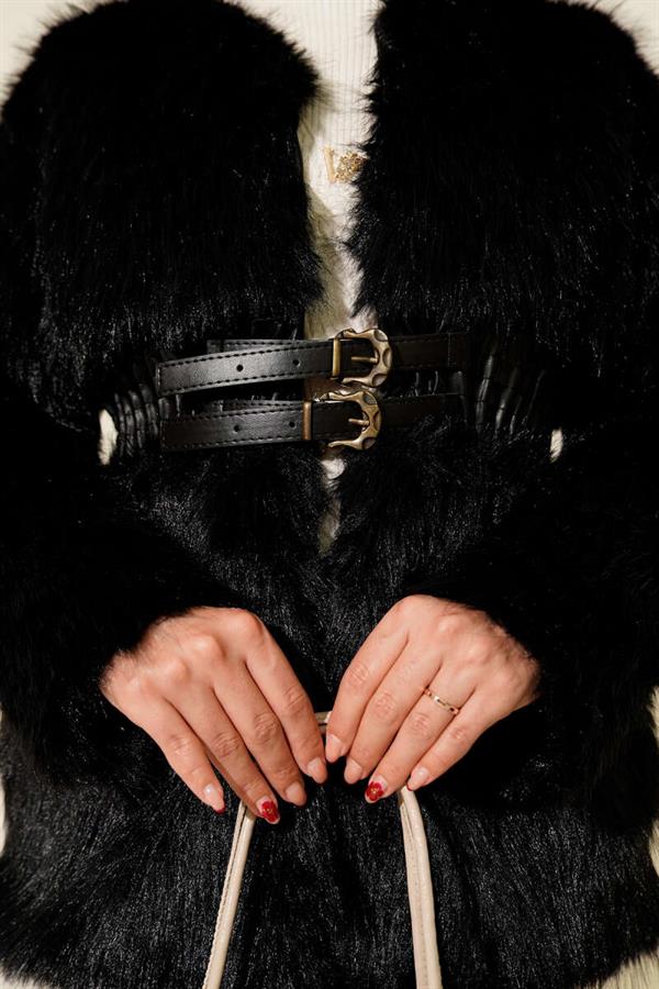 Leather Belted Fur Coat Black