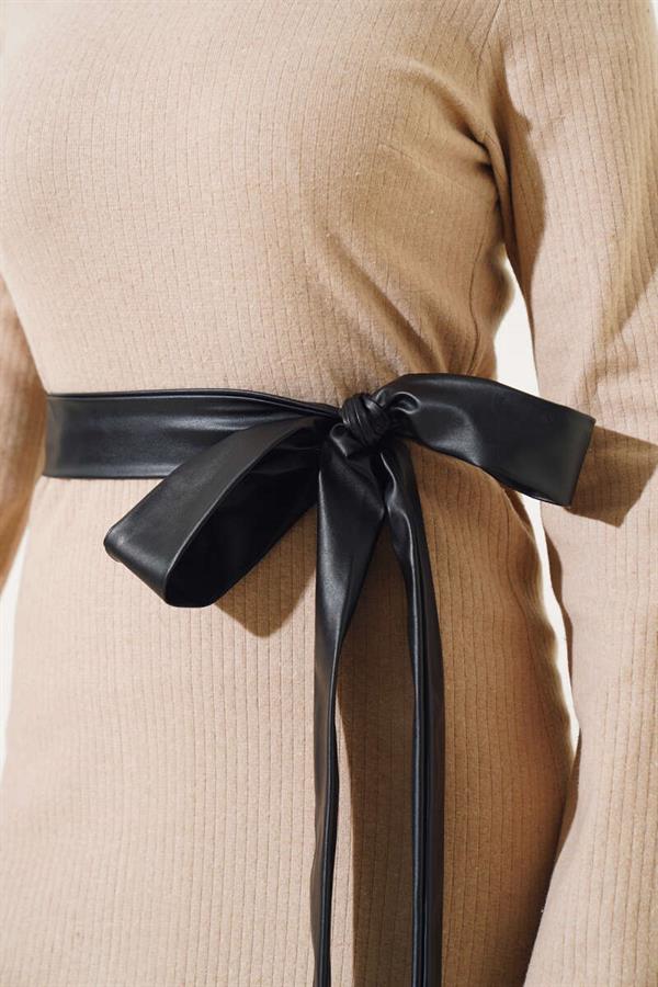 Leather Belted Corduroy Dress Beige
