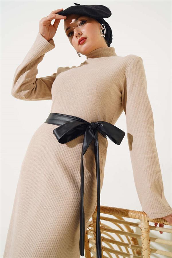 Leather Belted Corduroy Dress Beige